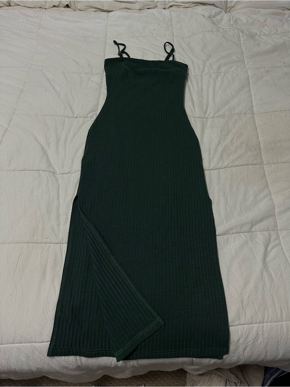 Dark Green Ribbed Maxi Dress with Side Slit